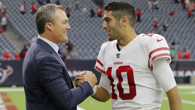HOUSTON, TX - DECEMBER 10: Jimmy Garoppolo #10 of the San Francisco 49ers celebrates with general manager John Lynch after the game against the Houston Texans at NRG Stadium on December 10, 2017 in Houston, Texas.