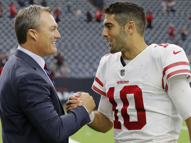 HOUSTON, TX - DECEMBER 10: Jimmy Garoppolo #10 of the San Francisco 49ers celebrates with general manager John Lynch after the game against the Houston Texans at NRG Stadium on December 10, 2017 in Houston, Texas.