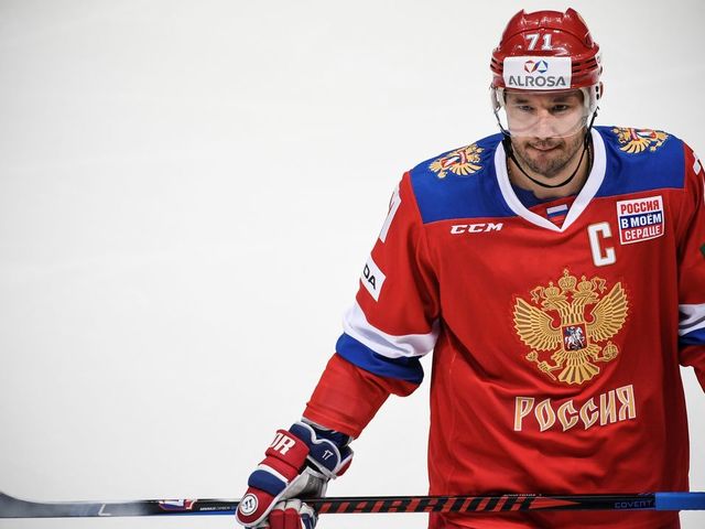 Russia's forward Ilya Kovalchuk is seen during the Channel One Cup of the Euro Hockey Tour ice hockey match between Russia and Sweden in Moscow on December 14, 2017. / AFP PHOTO / Alexander NEMENOV