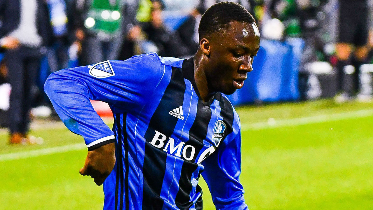 MONTREAL, QC - OCTOBER 22: Montreal Impact midfielder Ballou Tabla (13) dribbles with the ball during the New England Revolution versus the Montreal Impact game on October 22, 2017, at Stade Saputo in Montreal, QC