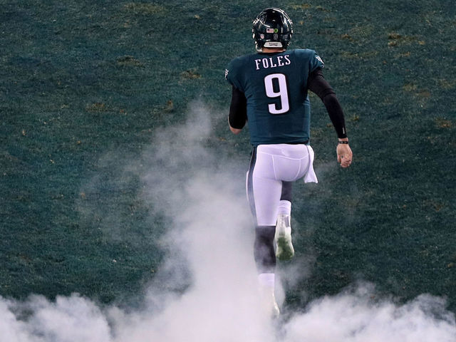 PHILADELPHIA, PA - JANUARY 21: Nick Foles #9 of the Philadelphia Eagles runs out on to the field prior to the NFC Championship game against the Minnesota Vikings at Lincoln Financial Field on January 21, 2018 in Philadelphia, Pennsylvania.