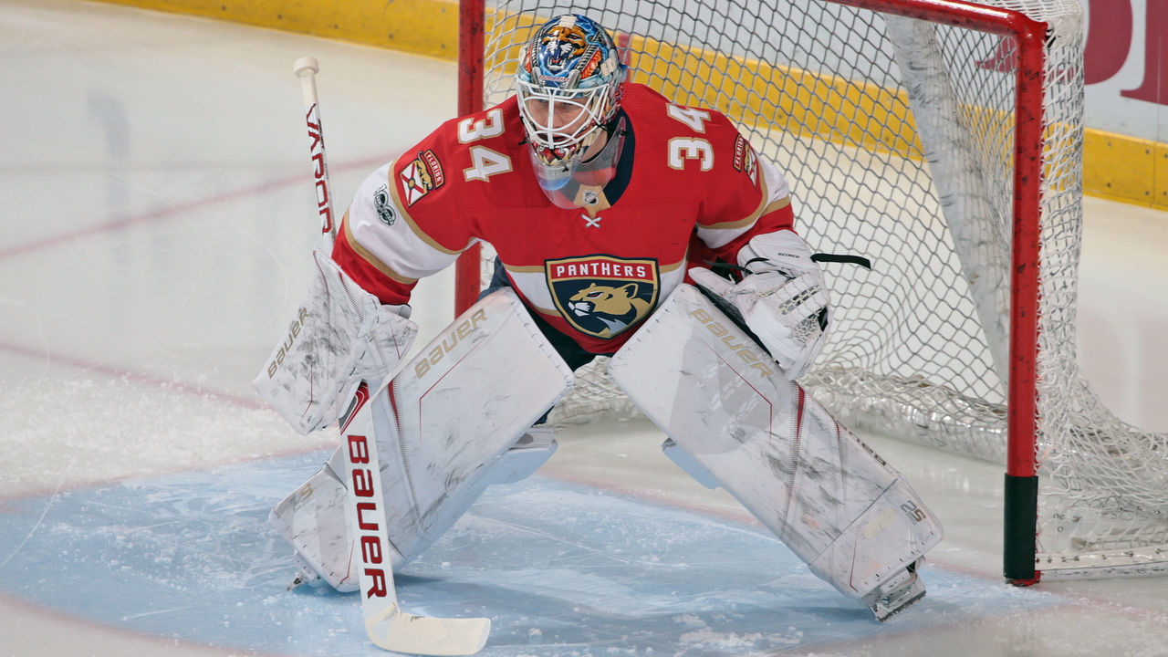 SUNRISE, FL - DECEMBER 9: Goaltender James Reimer #34 of the Florida Panthers warms up prior to the game against the Colorado Avalanche at the BB&T Center on December 9, 2017 in Sunrise, Florida.