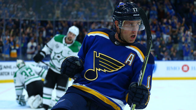 ST. LOUIS, MO - OCTOBER 7: Jaden Schwartz #17 of the St. Louis Blues celebrates after scoring a goal against the Dallas Stars in the first period at the Scottrade Center on October 7, 2017 in St. Louis, Missouri.
