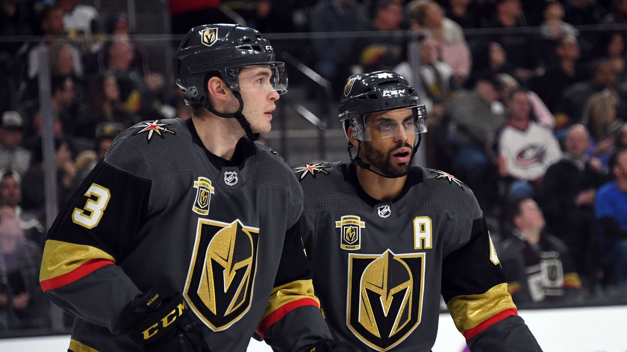 LAS VEGAS, NV - JANUARY 23: Brayden McNabb #3 and Pierre-Edouard Bellemare #41 of the Vegas Golden Knights wait for a faceoff in the first period of their game against the Columbus Blue Jackets at T-Mobile Arena on January 23, 2018 in Las Vegas, Nevada. The Golden Knights won 6-3.