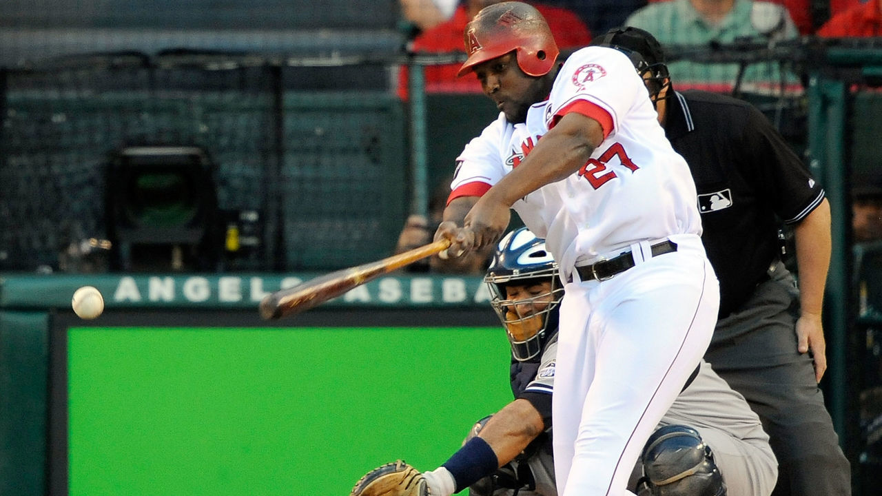 ANAHEIM, CA - OCTOBER 22: Vladimir Guerrero #27 of the Los Angeles Angels of Anaheim doubles to center scoring teammate Torii Hunter #48 (Not Shown) during the first inning in Game Five of the ALCS against the New York Yankees during the 2009 MLB Playoffs at Angel Stadium on October 22, 2009 in Anaheim, California.