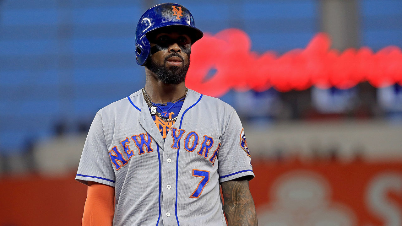 MIAMI, FL - SEPTEMBER 18: Jose Reyes #7 of the New York Mets looks on during a game against the Miami Marlins at Marlins Park on September 18, 2017 in Miami, Florida.