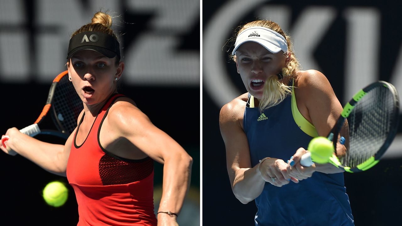(FILES) This combination of file photographs created on January 25, 2018, shows (L) Romania's Simona Halep as she hits a return against Germany's Angelique Kerber during their women's singles semi-finals match on day 11 of the Australian Open tennis tournament in Melbourne on January 25, 2018 and (R) shows Denmark's Caroline Wozniacki as she hits a return against Belgium's Elise Mertens during their women's singles semi-finals match on day 11 of the Australian Open tennis tournament in Melbourne on January 25, 2018. Simona Halep survived a three-set thriller against Angelique Kerber to set up a winner-takes-all Australian Open final against Caroline Wozniacki, on January 27, 2018, where the number one ranking will be on the line. / AFP PHOTO / Peter PARKS / -- IMAGE RESTRICTED TO EDITORIAL USE - STRICTLY NO COMMERCIAL USE --