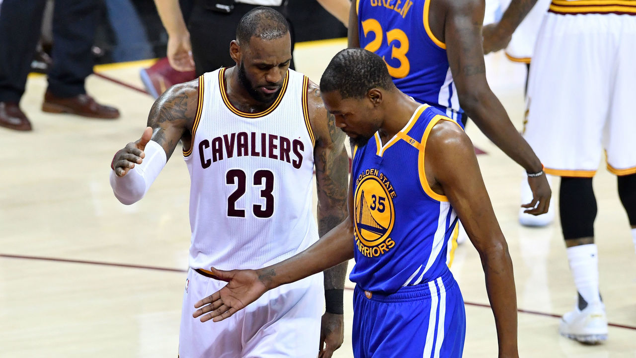CLEVELAND, OH - JUNE 09: LeBron James #23 of the Cleveland Cavaliers and Kevin Durant #35 of the Golden State Warriors speak after a foul in the third quarter in Game 4 of the 2017 NBA Finals at Quicken Loans Arena on June 9, 2017 in Cleveland, Ohio.
