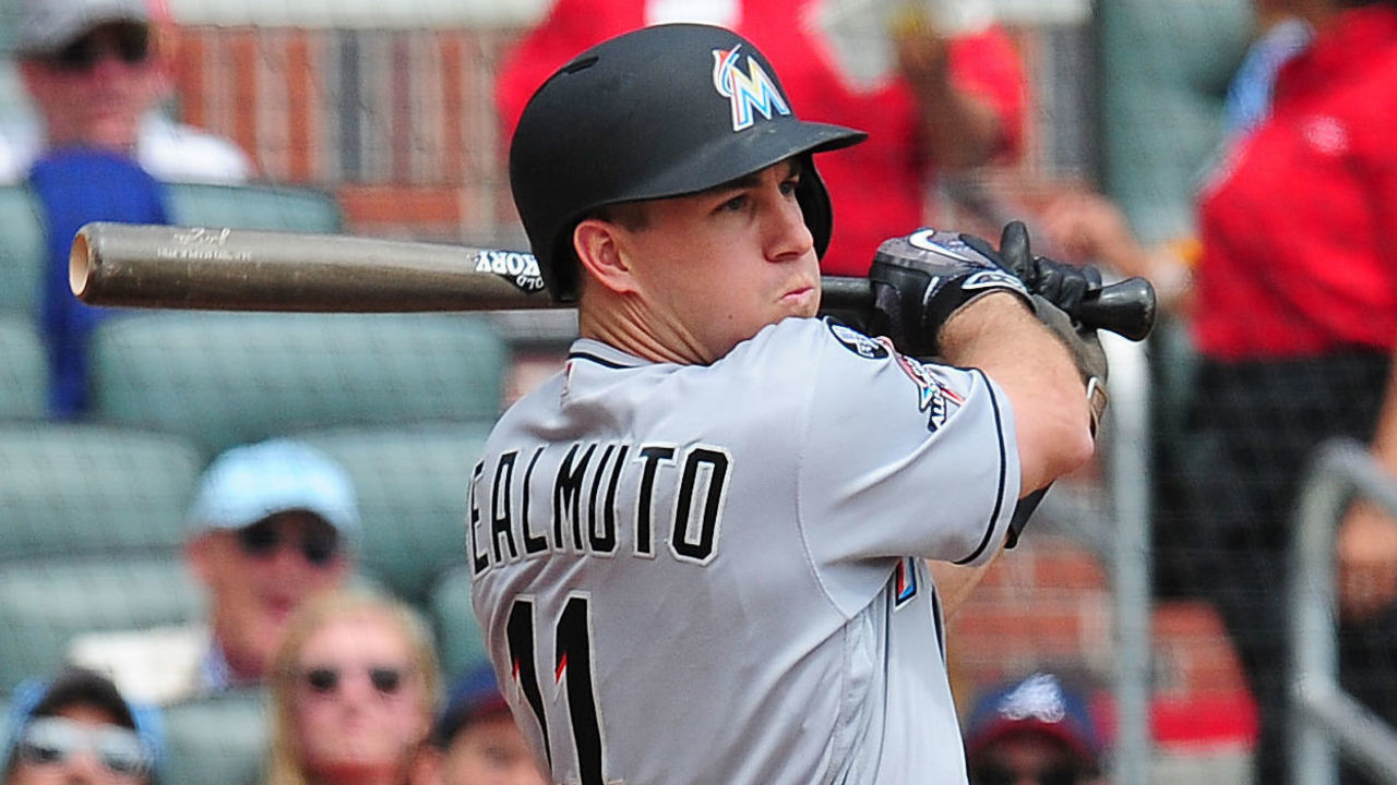 ATLANTA, GA - SEPTEMBER 10: J. T. Realmuto #11 of the Miami Marlins knocks in two runs with a second inning double against the Atlanta Braves at SunTrust Park on September 10, 2017 in Atlanta, Georgia.