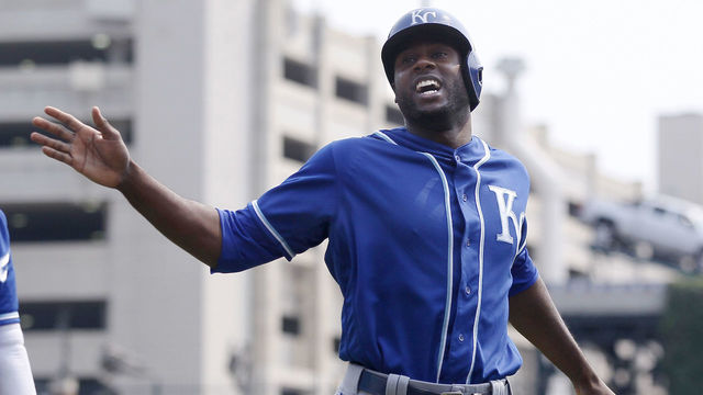 DETROIT, MI - SEPTEMBER 4: Lorenzo Cain #6 of the Kansas City Royals celebrates after scoring against the Detroit Tigers on a double by Melky Cabrera during the third inning at Comerica Park on September 4, 2017 in Detroit, Michigan. The Royals defeated the Tigers 7-6.