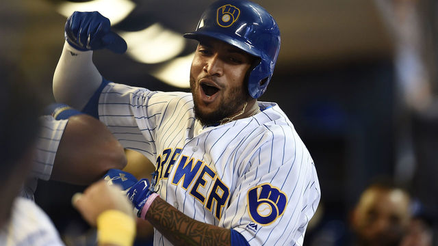 MILWAUKEE, WI - JUNE 02: Domingo Santana #16 of the Milwaukee Brewers celebrates a home run during the seventh inning of a game against the Los Angeles Dodgers at Miller Park on June 2, 2017 in Milwaukee, Wisconsin.
