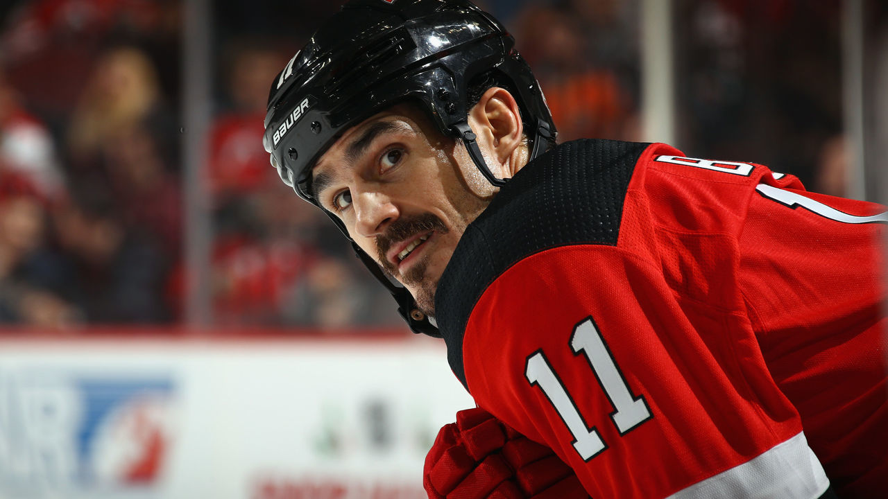 NEWARK, NJ - DECEMBER 18: Brian Boyle #11 of the New Jersey Devils prepares to skate against the Anaheim Ducks at the Prudential Center on December 18, 2017 in Newark, New Jersey. The Devils defeated the Ducks 5-3.
