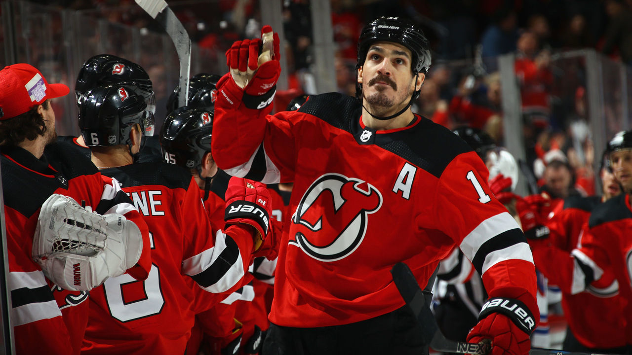 NEWARK, NJ - DECEMBER 21: Brian Boyle #11 of the New Jersey Devils celebrates his game tying powerplay goal at 11:54 of the third period at the Prudential Center on December 21, 2017 in Newark, New Jersey. The Devils defeated the Rangers 4-3 in the shootout.