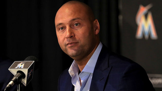 MIAMI, FL - OCTOBER 03: Miami Marlins CEO Derek Jeter speak with members of the media at Marlins Park on October 3, 2017 in Miami, Florida.