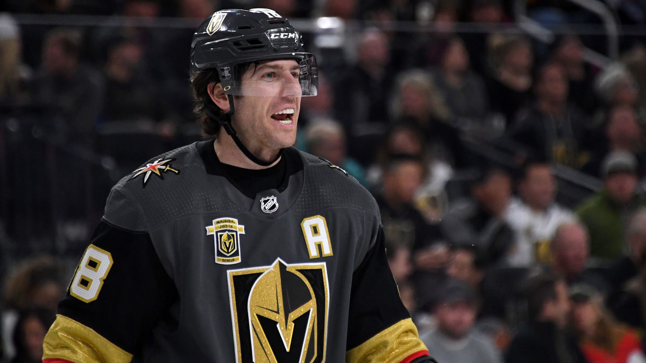 LAS VEGAS, NV - JANUARY 23: James Neal #18 of the Vegas Golden Knights smiles during the second period of a game against the Columbus Blue Jackets at T-Mobile Arena on January 23, 2018 in Las Vegas, Nevada. The Golden Knights won 6-3.