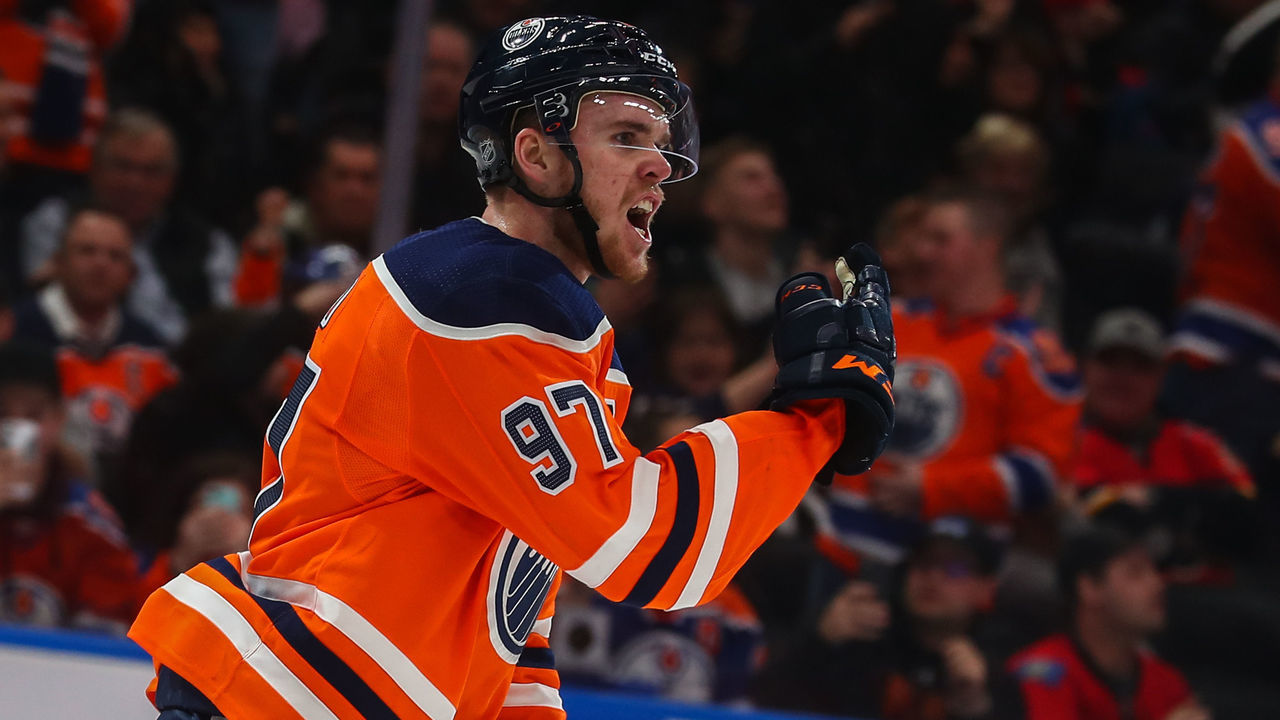 EDMONTON, AB - JANUARY 25: Edmonton Oilers Center Connor McDavid (97) celebrates the goal and yells at the ref as a result of a called back goal earlier during the shoot out Edmonton Oilers versus the Calgary Flames at Rogers Place on January 25, 2018, in Edmonton, Alberta.