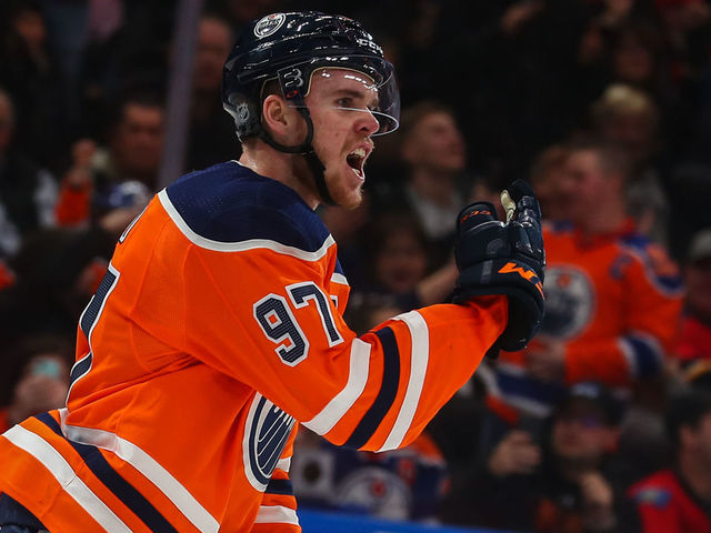 EDMONTON, AB - JANUARY 25: Edmonton Oilers Center Connor McDavid (97) celebrates the goal and yells at the ref as a result of a called back goal earlier during the shoot out Edmonton Oilers versus the Calgary Flames at Rogers Place on January 25, 2018, in Edmonton, Alberta.