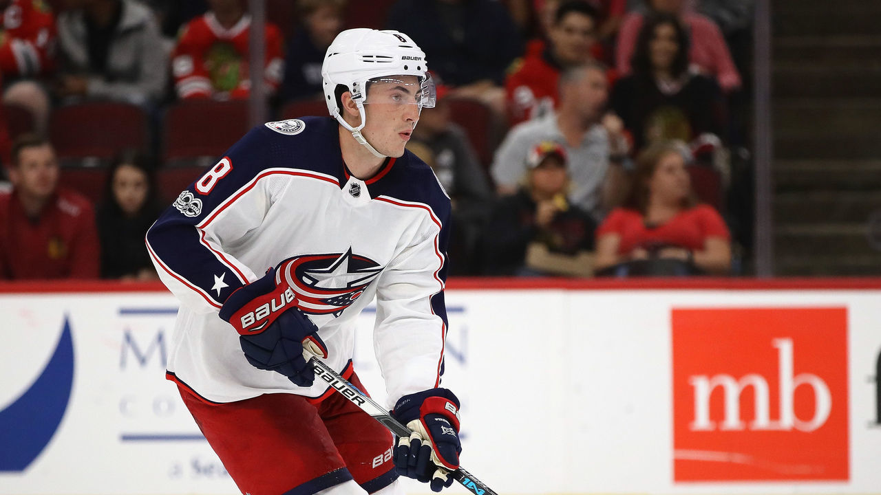 CHICAGO, IL - SEPTEMBER 23: Zach Werenski #8 of the Columbus Blue Jackets advances the puck against the Chicago Blackhawks during a preseason game at the United Center on September 23, 2017 in Chicago, Illinois. The Blue Jackets defeated the Blackhawks 3-2.