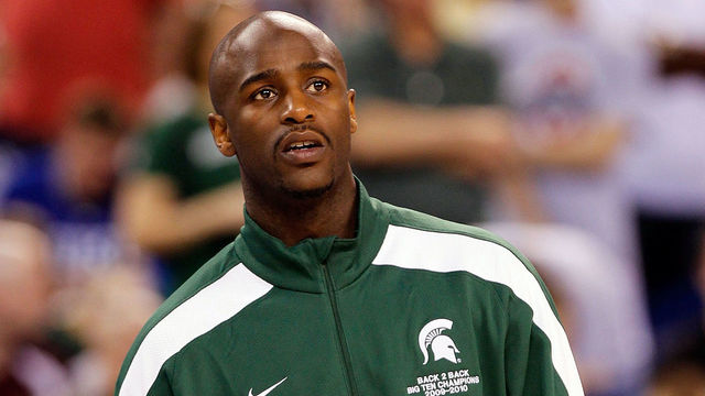 INDIANAPOLIS - APRIL 02: Student assistant coach and former Michigan State Spartans player Travis Walton looks on during practice prior to the 2010 Final Four of the NCAA Division I Men's Basketball Tournament at Lucas Oil Stadium on April 2, 2010 in Indianapolis, Indiana.