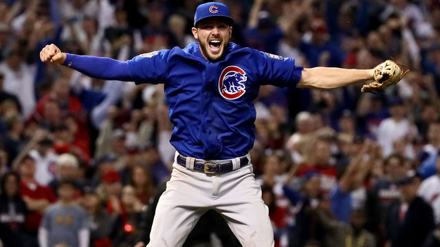 CLEVELAND, OH - NOVEMBER 02: Kris Bryant #17 of the Chicago Cubs celebrates after winning 8-7 in Game Seven of the 2016 World Series at Progressive Field on November 2, 2016 in Cleveland, Ohio.