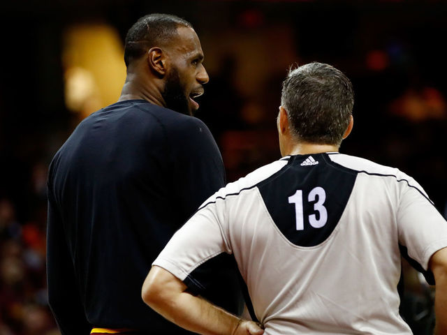 CLEVELAND, OH - MAY 23: LeBron James #23 of the Cleveland Cavaliers talks to referee Monty McCutchen #13 in the first half against the Boston Celtics during Game Four of the 2017 NBA Eastern Conference Finals at Quicken Loans Arena on May 23, 2017 in Cleveland, Ohio.