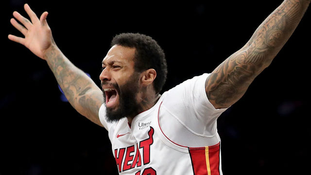 NEW YORK, NY - JANUARY 19: James Johnson #16 of the Miami Heat reacts to a call late in the fourth quarter against the Brooklyn Nets during their game at Barclays Center on January 19, 2018 in the Brooklyn borough of New York City.