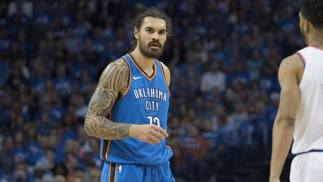 OKLAHOMA CITY, OK - OCTOBER 19: Steven Adams #12 of the Oklahoma City Thunder during the first half of a NBA game at the Chesapeake Energy Arena on October 19, 2017 in Oklahoma City, Oklahoma.