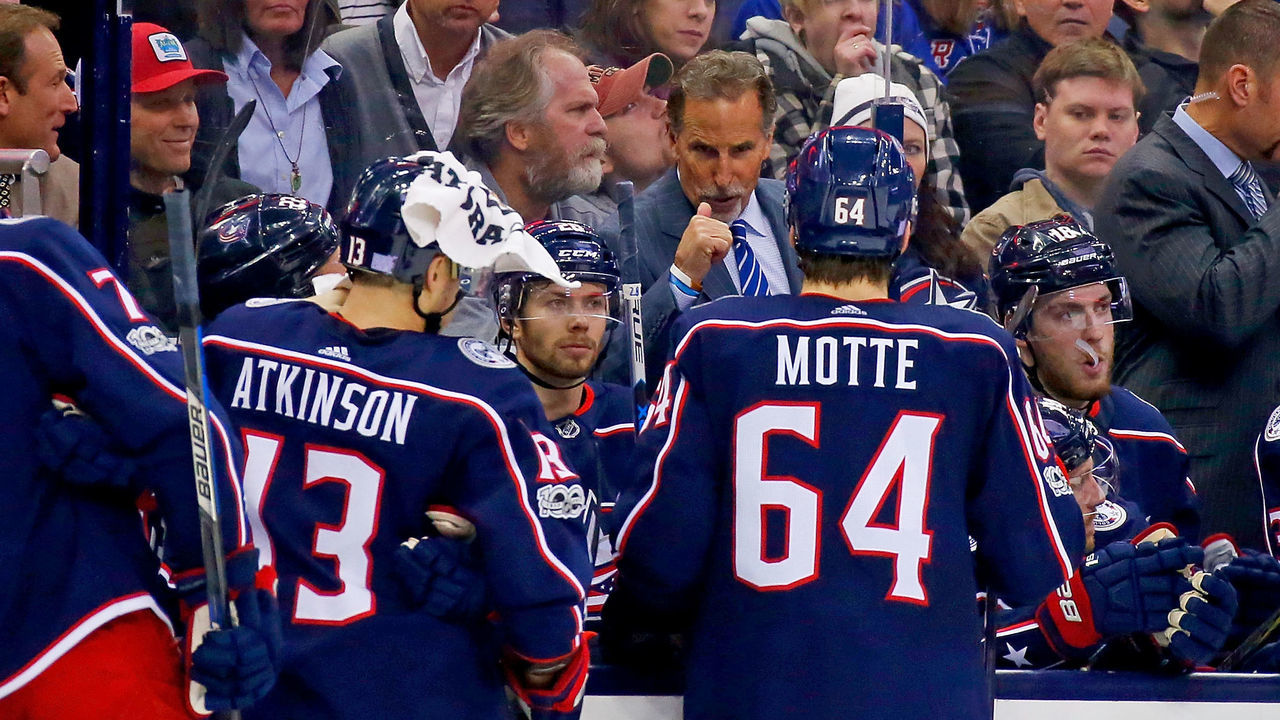 COLUMBUS, OH - NOVEMBER 17: Head coach John Tortorella of the Columbus Blue Jackets talks with Tyler Motte #64 of the Columbus Blue Jackets during a timeout in the game against the New York Rangers on November 17, 2017 at Nationwide Arena in Columbus, Ohio. Columbus defeated New York 2-0.