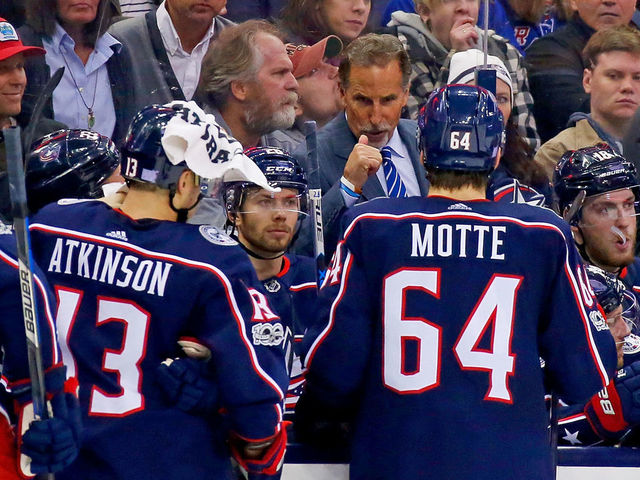 COLUMBUS, OH - NOVEMBER 17: Head coach John Tortorella of the Columbus Blue Jackets talks with Tyler Motte #64 of the Columbus Blue Jackets during a timeout in the game against the New York Rangers on November 17, 2017 at Nationwide Arena in Columbus, Ohio. Columbus defeated New York 2-0.