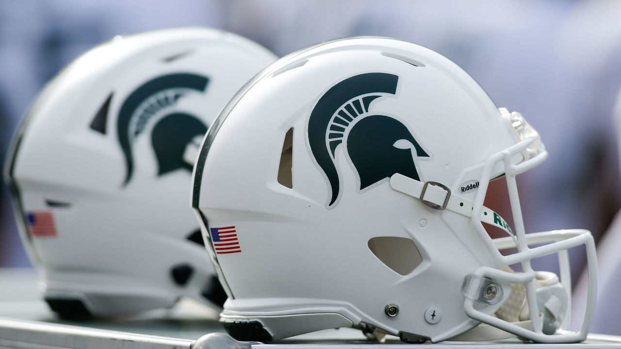 COLUMBUS, OH - NOVEMBER 11: A general view of Michigan State helmets during game action between the Michigan State Spartans (13) and the Ohio State Buckeyes (11) on November 11, 2017 at Ohio Stadium in Columbus, Ohio. Ohio State defeated Michigan State 48-3.