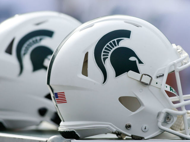 COLUMBUS, OH - NOVEMBER 11: A general view of Michigan State helmets during game action between the Michigan State Spartans (13) and the Ohio State Buckeyes (11) on November 11, 2017 at Ohio Stadium in Columbus, Ohio. Ohio State defeated Michigan State 48-3.