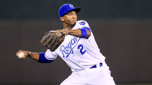 KANSAS CITY, MO - MAY 30: Alcides Escobar #2 of the Kansas City Royals makes a play to first for an out against the Detroit Tigers during the game at Kauffman Stadium on May 30, 2017 in Kansas City, Missouri.