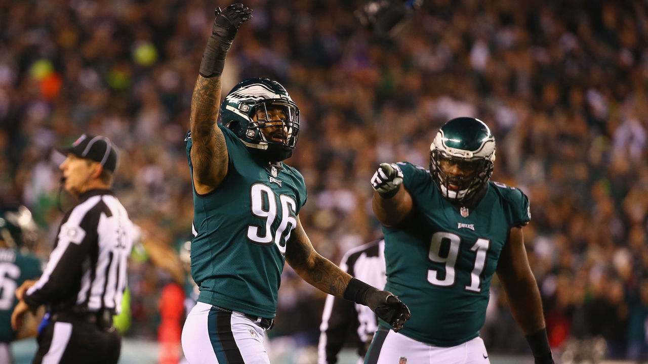 PHILADELPHIA, PA - JANUARY 21: Derek Barnett #96 and Fletcher Cox #91 of the Philadelphia Eagles celebrate the play during the second quarter against the Minnesota Vikings in the NFC Championship game at Lincoln Financial Field on January 21, 2018 in Philadelphia, Pennsylvania.