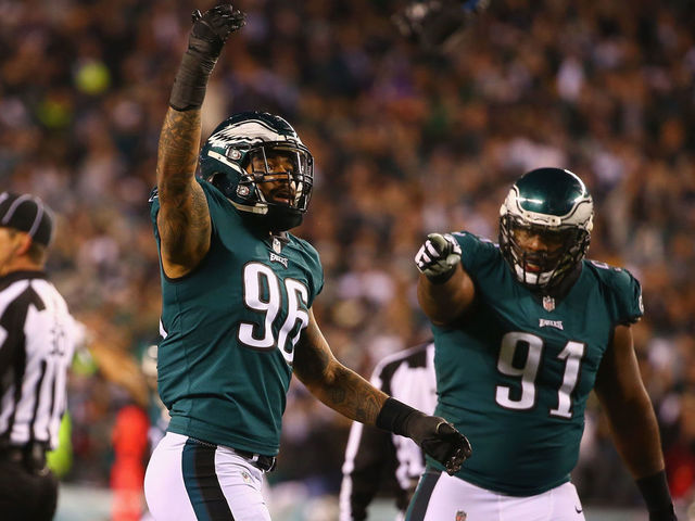PHILADELPHIA, PA - JANUARY 21: Derek Barnett #96 and Fletcher Cox #91 of the Philadelphia Eagles celebrate the play during the second quarter against the Minnesota Vikings in the NFC Championship game at Lincoln Financial Field on January 21, 2018 in Philadelphia, Pennsylvania.