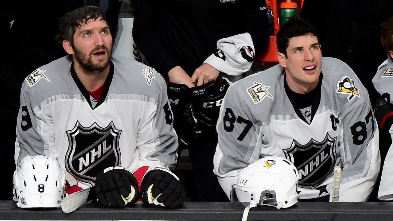 LOS ANGELES, CA - JANUARY 29: Alex Ovechkin #8 of the Washington Capitals and Sidney Crosby #87 of the Pittsburgh Penguins look on from the bench during the 2017 Honda NHL All-Star Game Semifinal #2 (Atlantic vs. Metropolitan) at Staples Center on January 29, 2017 in Los Angeles, California.