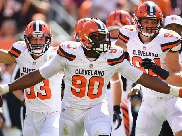 CLEVELAND, OH - OCTOBER 01: Emmanuel Ogbah #90 of the Cleveland Browns reacts to recovering a fumble in the first half against the Cincinnati Bengals at FirstEnergy Stadium on October 1, 2017 in Cleveland, Ohio.