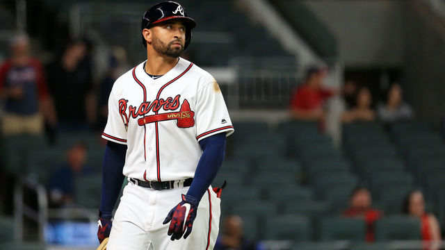 ATLANTA, GA - MAY 03: Matt Kemp #27 of the Atlanta Braves walks off the field after a strike out during the ninth inning against the New York Mets at SunTrust Park on May 3, 2017 in Atlanta, Georgia.