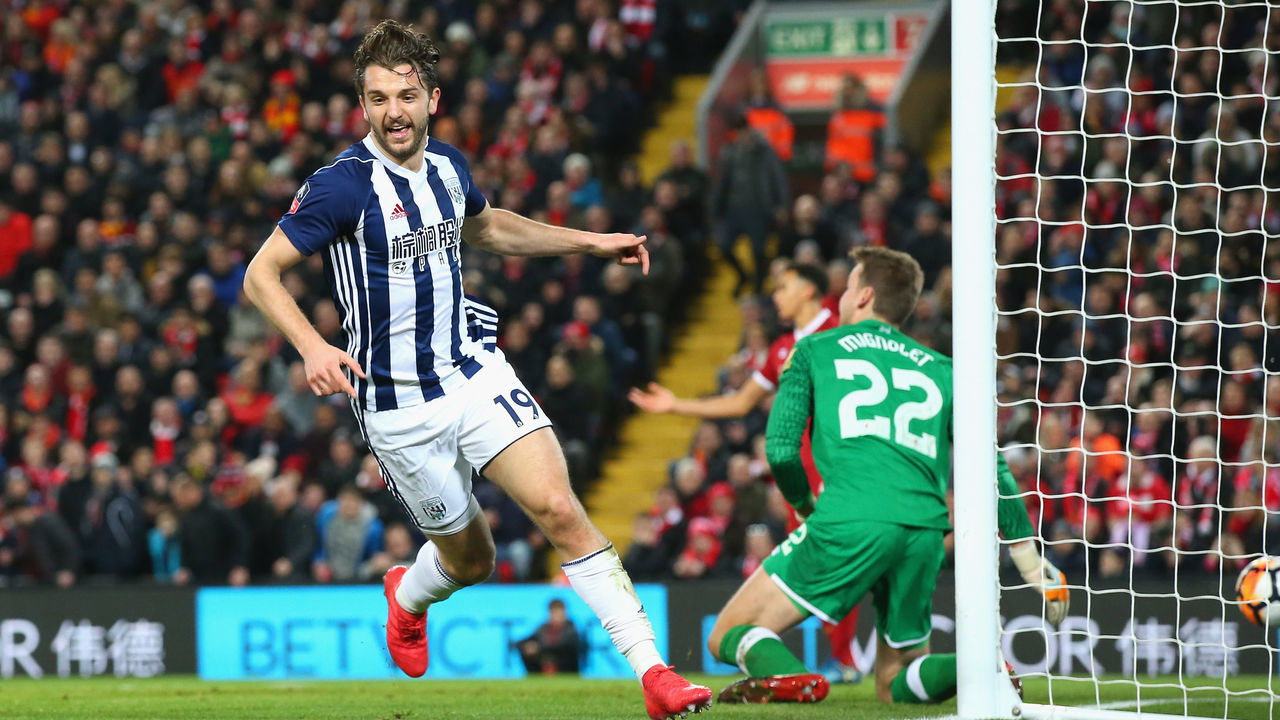 LIVERPOOL, ENGLAND - JANUARY 27: Jay Rodriguez of West Bromwich Albion celebrates after scoring his sides second goal during The Emirates FA Cup Fourth Round match between Liverpool and West Bromwich Albion at Anfield on January 27, 2018 in Liverpool, England.
