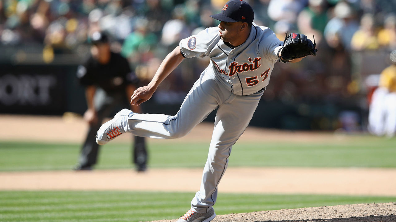 OAKLAND, CA - MAY 07: Francisco Rodriguez #57 of the Detroit Tigers pitches against the Oakland Athletics in the ninth inning at Oakland Alameda Coliseum on May 7, 2017 in Oakland, California.