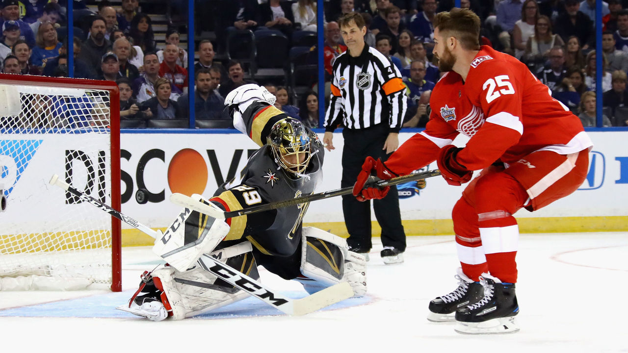 TAMPA, FL - JANUARY 27: Mike Green #25 of the Detroit Red Wings shoots against Marc-Andre Fleury #29 of the Vegas Golden Knights during the GEICO NHL Save Streak during the 2018 GEICO NHL All-Star Skills Competition at Amalie Arena on January 27, 2018 in Tampa, Florida.