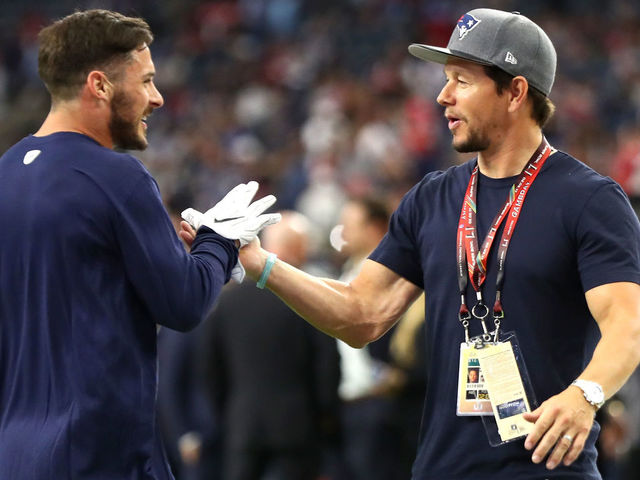 HOUSTON, TX - FEBRUARY 05: Danny Amendola #80 of the New England Patriots speaks to actor Mark Wahlberg prior to Super Bowl 51 against the Atlanta Falcons at NRG Stadium on February 5, 2017 in Houston, Texas.