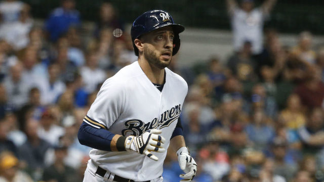 MILWAUKEE, WI - SEPTEMBER 16: Ryan Braun #8 of the Milwaukee Brewers rounds the bases after his home run during the sixth inning during their game against the Miami Marlins at Miller Park on September 16, 2017 in Milwaukee, Wisconsin.