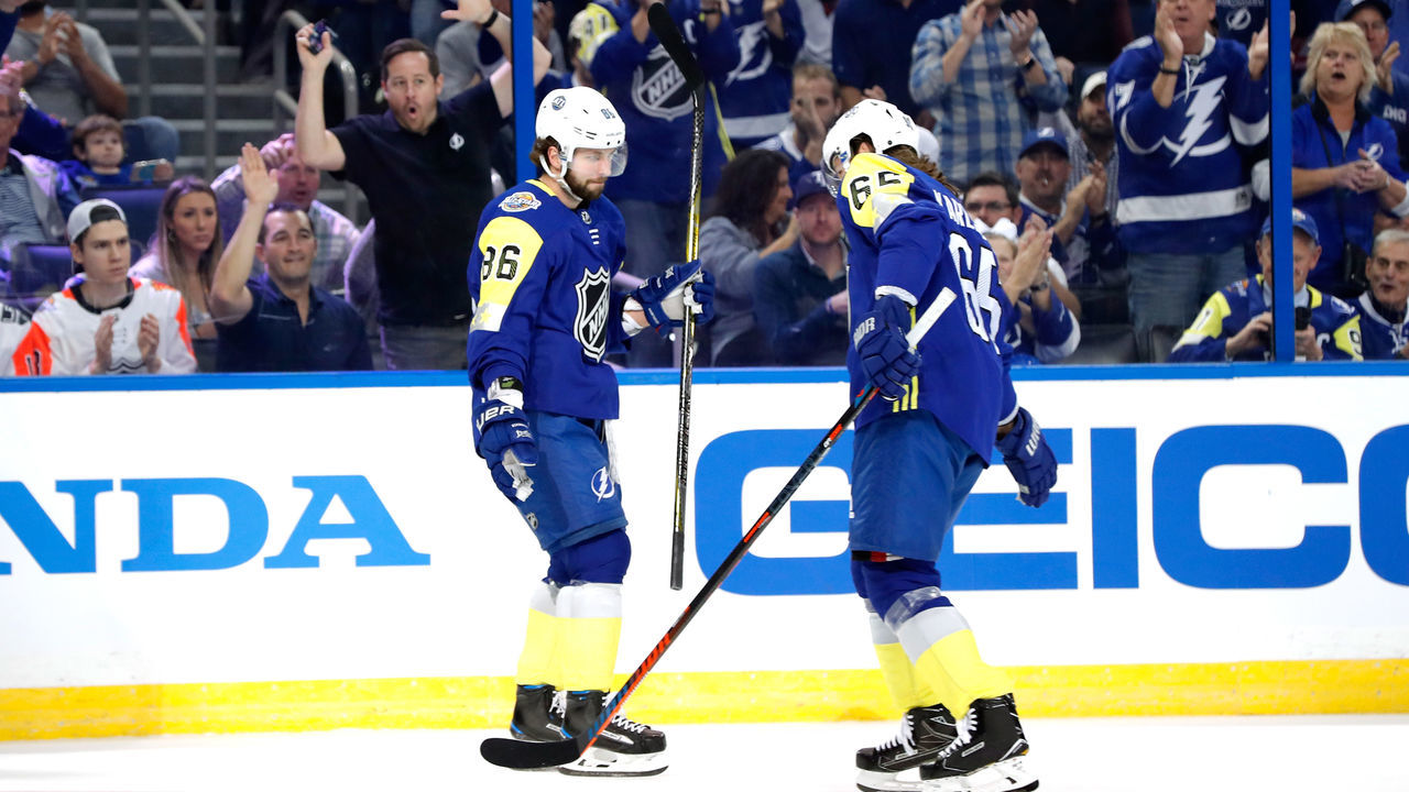 TAMPA, FL - JANUARY 28: {L-R} Nikita Kucherov #86 of the Tampa Bay Lightning and Erik Karlsson #65 of the Ottawa Senators celebrate after a goal in the first half during the 2018 Honda NHL All-Star Game between the Atlantic Division and the Metropolitan Divison at Amalie Arena on January 28, 2018 in Tampa, Florida.