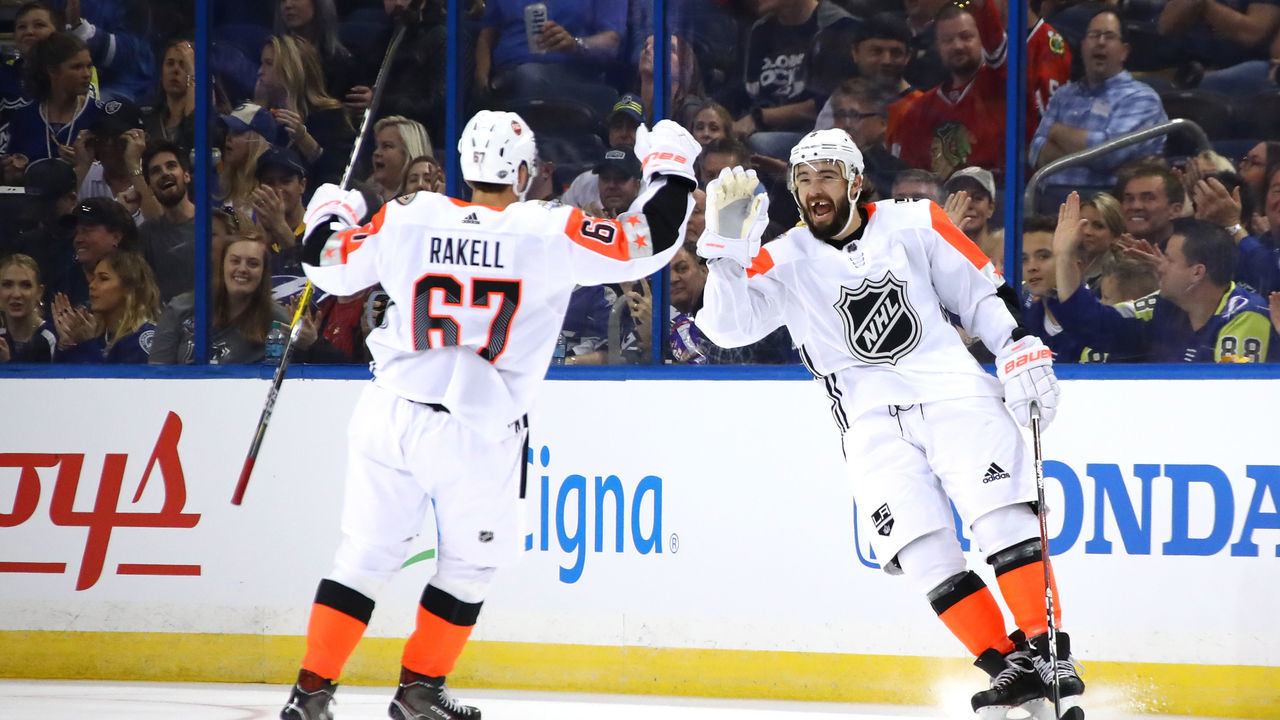 TAMPA, FL - JANUARY 28: {L-R} Rickard Rakell #67 of the Anaheim Ducks and Drew Doughty #8 of the Los Angeles Kings celebrate after a goal in the second half during the 2018 Honda NHL All-Star Game between the Central Division and the Pacific Divison at Amalie Arena on January 28, 2018 in Tampa, Florida.