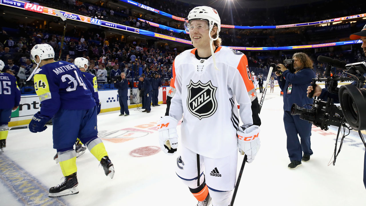 TAMPA, FL - JANUARY 28: Brock Boeser #6 of the Vancouver Canucks reacts after winning MVP during the 2018 Honda NHL All-Star Game between the Atlantic Division and the Pacific Divison at Amalie Arena on January 28, 2018 in Tampa, Florida.