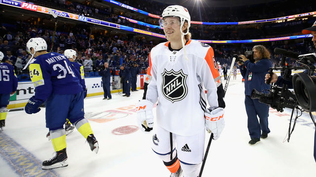 TAMPA, FL - JANUARY 28: Brock Boeser #6 of the Vancouver Canucks reacts after winning MVP during the 2018 Honda NHL All-Star Game between the Atlantic Division and the Pacific Divison at Amalie Arena on January 28, 2018 in Tampa, Florida.