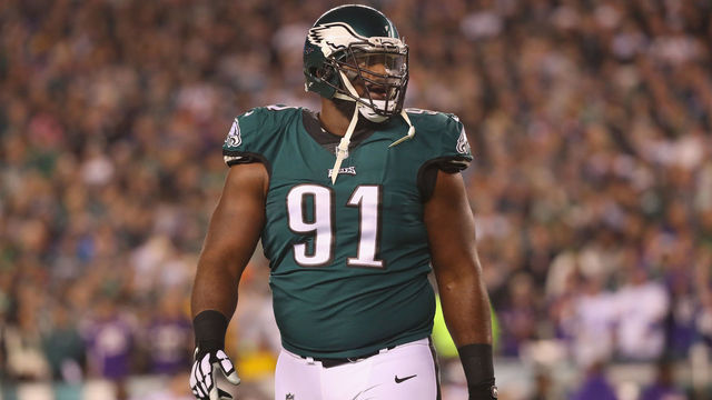 PHILADELPHIA, PA - JANUARY 21: Fletcher Cox #91 of the Philadelphia Eagles reacts after a first quarter touchdown by the Minnesota Vikings in the NFC Championship game at Lincoln Financial Field on January 21, 2018 in Philadelphia, Pennsylvania.