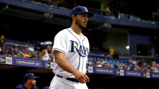 ST. PETERSBURG, FL - JUNE 7: Pitcher Jacob Faria #34 of the Tampa Bay Rays takes to the field to make his major-league debut at the start of the first inning of a game against the Chicago White Sox on June 7, 2017 at Tropicana Field in St. Petersburg, Florida.