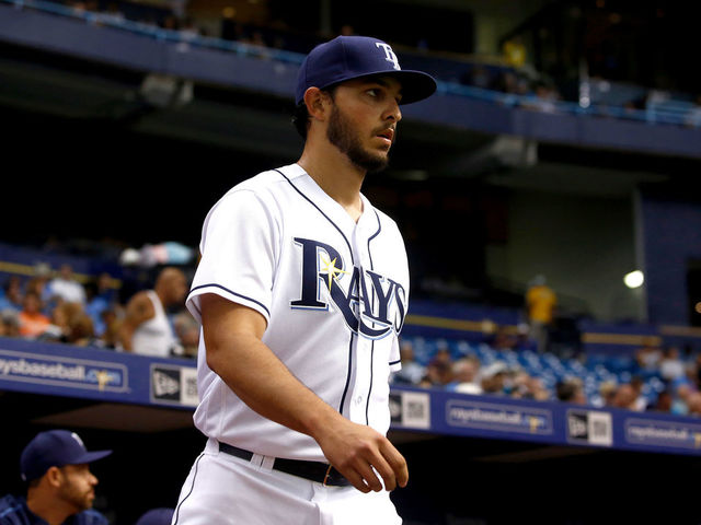 ST. PETERSBURG, FL - JUNE 7: Pitcher Jacob Faria #34 of the Tampa Bay Rays takes to the field to make his major-league debut at the start of the first inning of a game against the Chicago White Sox on June 7, 2017 at Tropicana Field in St. Petersburg, Florida.