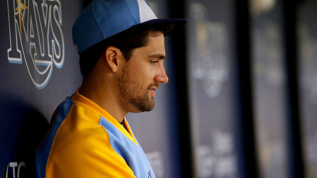 ST. PETERSBURG, FL - JUNE 10: Pitcher Nathan Eovaldi #24 of the Tampa Bay Rays sits in the dugout during the third inning of game one of a double header against the Oakland Athletics on June 10, 2017 at Tropicana Field in St. Petersburg, Florida.